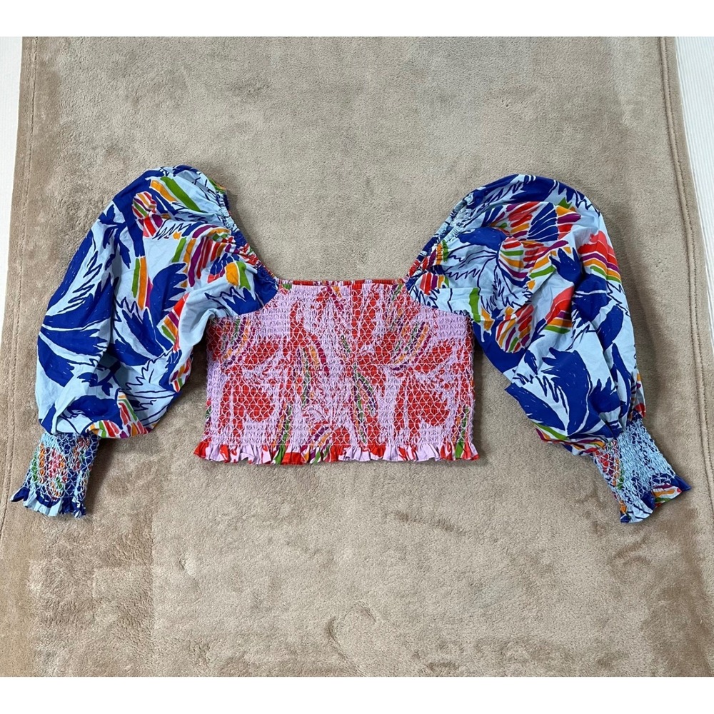 Farm Rio‎ Mixed Birds Puff-Sleeve Tropical Parrot Print Women L Multi Crop EUC
